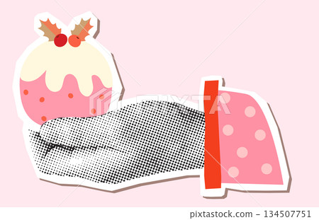 Halftone hand collage with pink Christmas pudding, cute vector pie with leaves for holiday designs Halftone hand collage with pink Christmas pudding, cute vector pie with leaves for holiday designs 134507751
