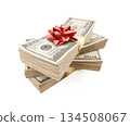 Stacks of One Hundred Dollar Bills with Red Bow On Top. 134508067
