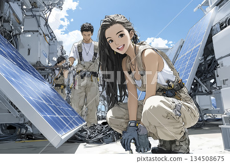 Female technician installing solar power generation equipment, working with a smile at the site of clean energy Female technician installing solar power generation equipment, working with a smile at the site of clean energy 134508675