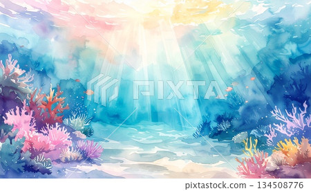 A mysterious underwater world bathed in soft light: a fantastical landscape of coral reefs and tropical fish painted with watercolor-style touches A mysterious underwater world bathed in soft light: a fantastical landscape of coral reefs and tropical fish painted with watercolor-style touches 134508776