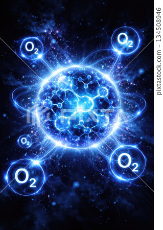 Dramatic macro science illustration of glowing blue molecular sphere and reactive oxygen symbols. futuristic chemistry visualization with high contrast on dark cosmic background 134508946