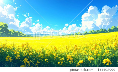 在湛藍的天空和積雨雲下，盛開著一望無際的鮮豔油菜花，構成了一幅美麗的動漫風格風景。 134508999