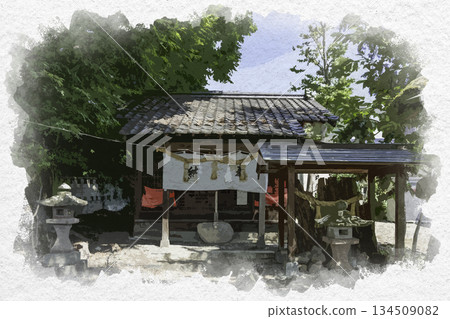Watercolor painting of Matsumoto Himemiya Shrine, worship hall, Matsumoto City, Nagano Prefecture 134509082
