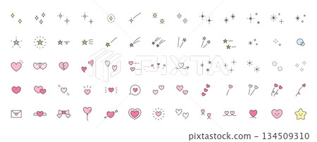 一組閃光、心形和星形圖示的向量插圖。 一組閃光、心形和星形圖示的向量插圖。 134509310