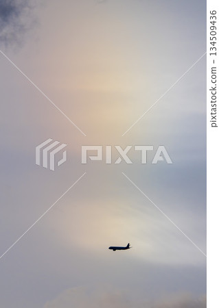 黃昏時分的仙台機場,飛機起飛,宮城縣名取市 黃昏時分的仙台機場,飛機起飛,宮城縣名取市 134509436