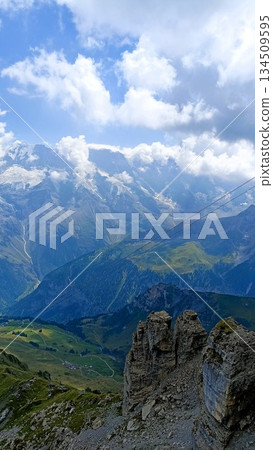 Lauterbrunnen, Switzerland - August 12 2022: View From Swiss Skyline Lauterbrunnen, Switzerland - August 12 2022: View From Swiss Skyline 134509595