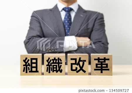 A businessman with his arms crossed and a block that reads "organizational reform" A businessman with his arms crossed and a block that reads "organizational reform" 134509727