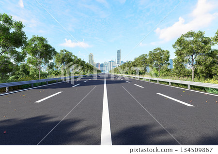 3D render of a clean multi-lane highway leading to a distant city skyline 3D render of a clean multi-lane highway leading to a distant city skyline 134509867
