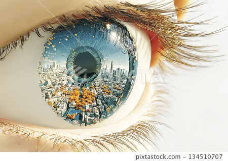 Close-up of a futuristic eye with a city and data reflected in it 134510707