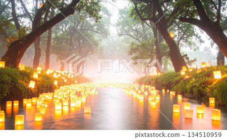 Floating Lanterns Down River at Dusk. Autumn Equinox Day concept. Generated Image 134510959