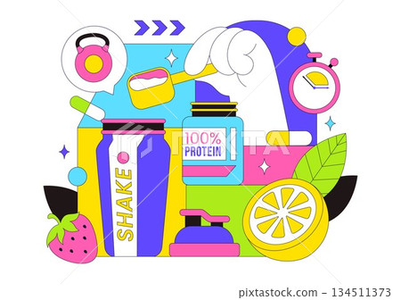 Protein Supplements Vector Illustration Featuring Healthy Food, Protein Powders, Fitness Workouts Supporting Nutrition And Body Vitamins 134511373
