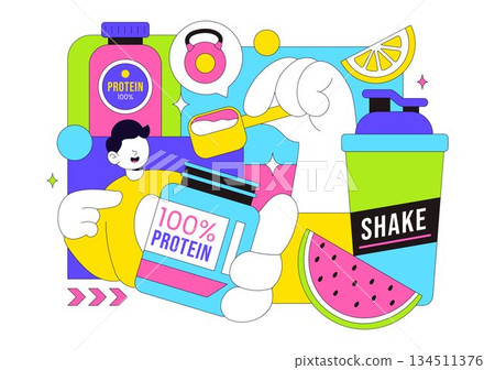 Protein Supplements Vector Illustration Featuring Healthy Food, Protein Powders, Fitness Workouts Supporting Nutrition And Body Vitamins 134511376