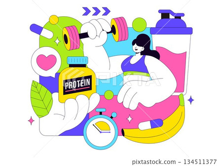 Protein Supplements Vector Illustration Featuring Healthy Food, Protein Powders, Fitness Workouts Supporting Nutrition And Body Vitamins 134511377