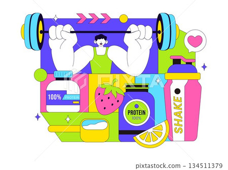 Protein Supplements Vector Illustration Featuring Healthy Food, Protein Powders, Fitness Workouts Supporting Nutrition And Body Vitamins 134511379