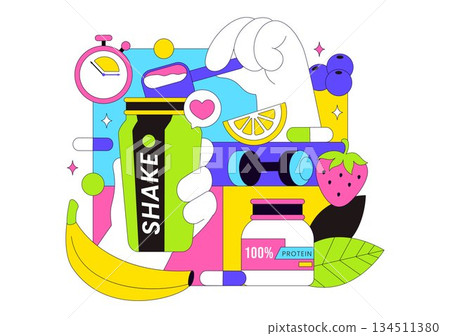Protein Supplements Vector Illustration Featuring Healthy Food, Protein Powders, Fitness Workouts Supporting Nutrition And Body Vitamins 134511380