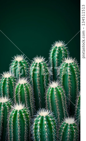Green cactus desert plant group closeup on matte dark background 134511513