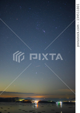 A beautiful winter starry sky over the sea in Setouchi City, Okayama Prefecture, Japan 134511801