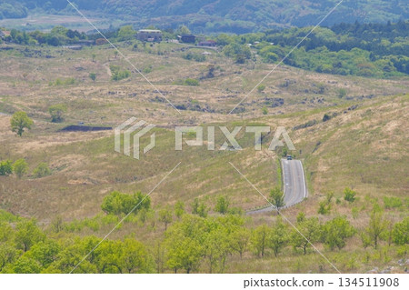 Akiyoshidai with dead grass remaining in the spring of 2025. View from the summit of Kitayama. 134511908