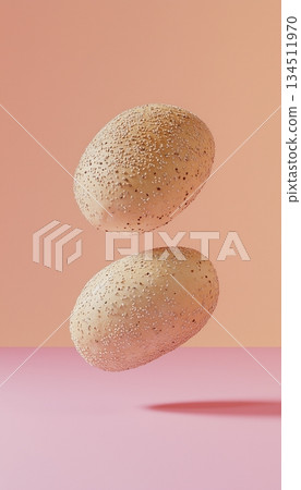 Bun bread with sesame seed sprinkles floating on air story vertical background 134511970