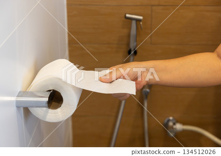 Close up of woman hand pulling toilet paper in holder. Close up of woman hand pulling toilet paper in holder. 134512026