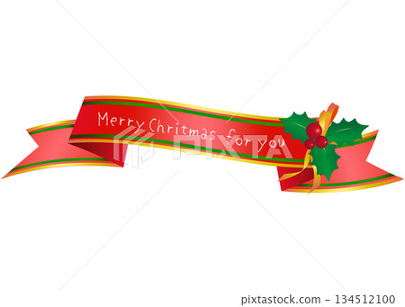 Red Christmas ribbon illustration with a white Merry Christmas message banner 134512100