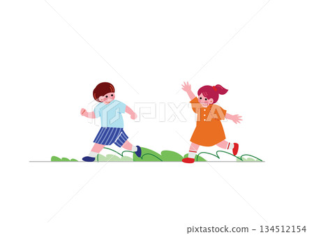 一幅孩子和朋友們快樂奔跑的插圖 134512154