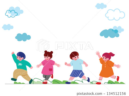 Illustration of a child running happily with friends 134512156