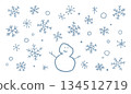 Hand-drawn illustration of a snowman and snowflakes 134512719
