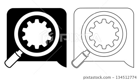 Black and white of a magnifying glass over a gear within a speech bubble 134512774