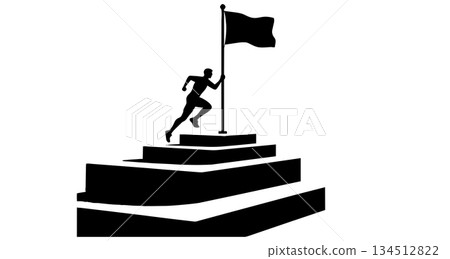 Runner Climbing Stairs with Flag Silhouette Success Motivation Runner Climbing Stairs with Flag Silhouette Success Motivation 134512822