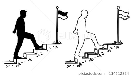 Silhouette Man Climbing Stairs to Flag on Top 134512824