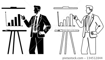 Title: Businessman presenting a bar chart on an easel with upward trend arrow indicating growth Title: Businessman presenting a bar chart on an easel with upward trend arrow indicating growth 134512844