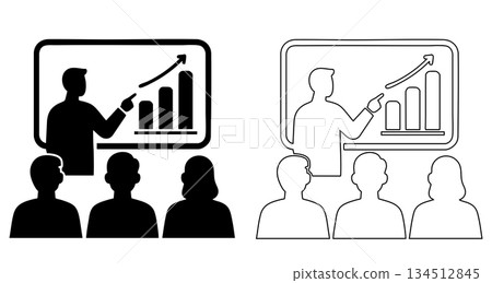 Title: Businessman presenting a bar chart to an audience with upward trend arrow indicating growth 134512845
