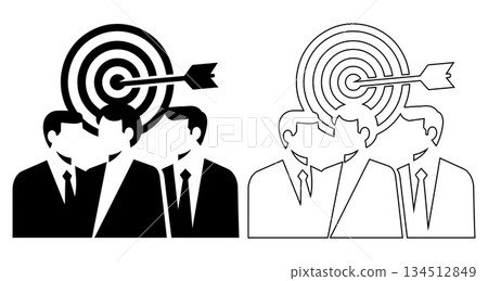 Title: Three business people with an arrow hitting a target symbolizing goal achievement and Title: Three business people with an arrow hitting a target symbolizing goal achievement and 134512849