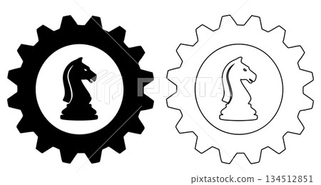 Title: Two black and white of gears with chess knights in the center on a white background Title: Two black and white of gears with chess knights in the center on a white background 134512851