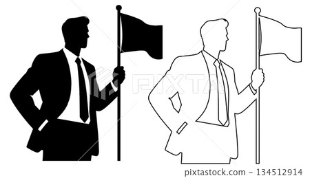 Two businessmen with one holding a black flag and the other holding a white flag in formal attire 134512914