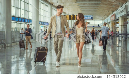 一對衣著時尚、外表俊朗的外國情侶即將出國旅行，他們面帶笑容，幸福地走過機場。 134512922