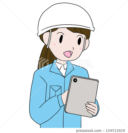 Illustration of a female worker wearing a helmet and operating a tablet Illustration of a female worker wearing a helmet and operating a tablet 134513029