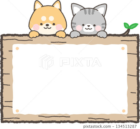 Dog and cat popping out and wood grain frame 134513287