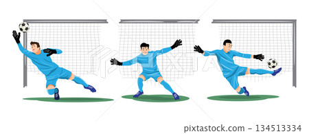Goalkeeper is saving the ball, Set of football or soccer player cartoon characters, Flat design, Isolated on white background, Vector illustration Goalkeeper is saving the ball, Set of football or soccer player cartoon characters, Flat design, Isolated on white background, Vector illustration 134513334