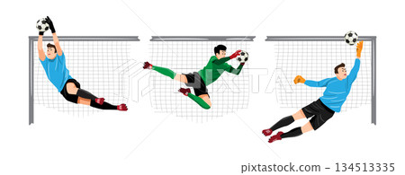 Goalkeeper is saving the ball, Set of football or soccer player cartoon characters, Flat design, Isolated on white background, Vector illustration 134513335
