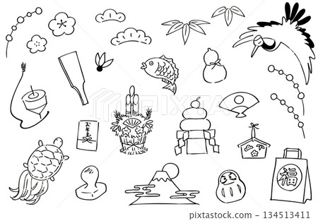 New Year's lucky charm hand-drawn illustration set_line drawing New Year's lucky charm hand-drawn illustration set_line drawing 134513411
