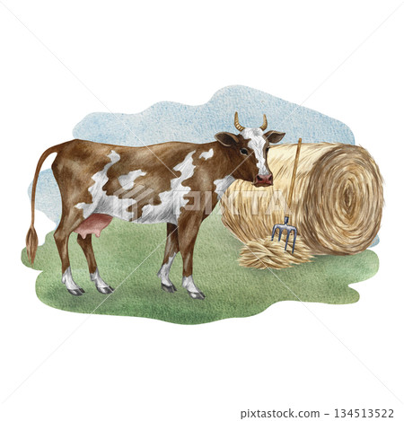 A brown and white cow standing in profile against a background of a roll of hay. Hand-drawn watercolor illustration. For dairy farms or agricultural projects, for labels, packaging, banners, and more. A brown and white cow standing in profile against a background of a roll of hay. Hand-drawn watercolor illustration. For dairy farms or agricultural projects, for labels, packaging, banners, and more. 134513522