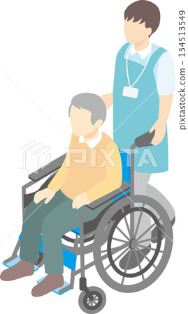 Isometric illustration material of a helper and a senior assisting with wheelchair mobility, welfare and medical care Isometric illustration material of a helper and a senior assisting with wheelchair mobility, welfare and medical care 134513549