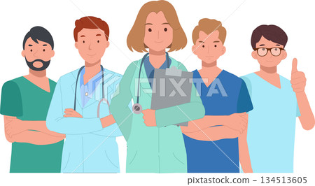 group of doctors and nurses standing together in a hospital setting, representing modern healthcare teamwork, medical professions group of doctors and nurses standing together in a hospital setting, representing modern healthcare teamwork, medical professions 134513605