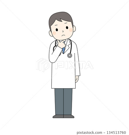 A color illustration of a male doctor wearing a white coat, a stethoscope hanging from his shoulder, and thinking with his finger on his chin 134513760