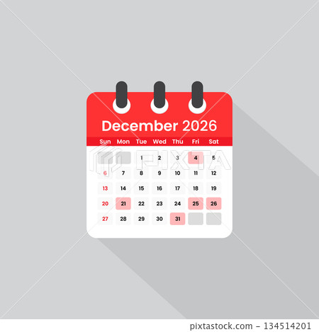 December 2026 calendar icon with long shadow. Flat style red daily planner vector illustration 134514201