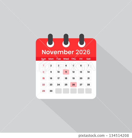 November 2026 calendar icon with long shadow. Flat style red daily planner vector illustration November 2026 calendar icon with long shadow. Flat style red daily planner vector illustration 134514208