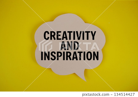 Creativity And Inspiration text with speech bubble on yellow background 134514427