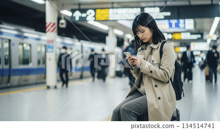 一位女士坐在行李箱上等火車。 134514741